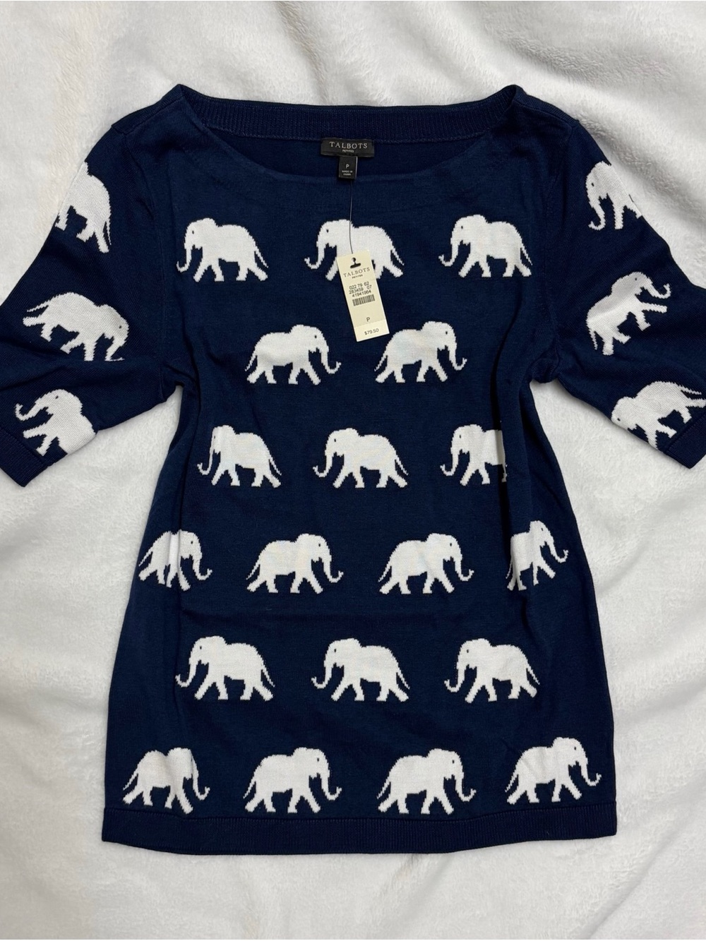 Talbots | NWT Navy & White Elephant Print Cotton Blend Women's Top size P